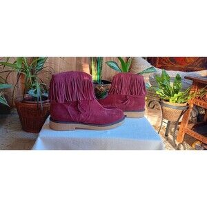 Sundance made in Italy burgundy fringe suede boots side zip 1" heel size 11